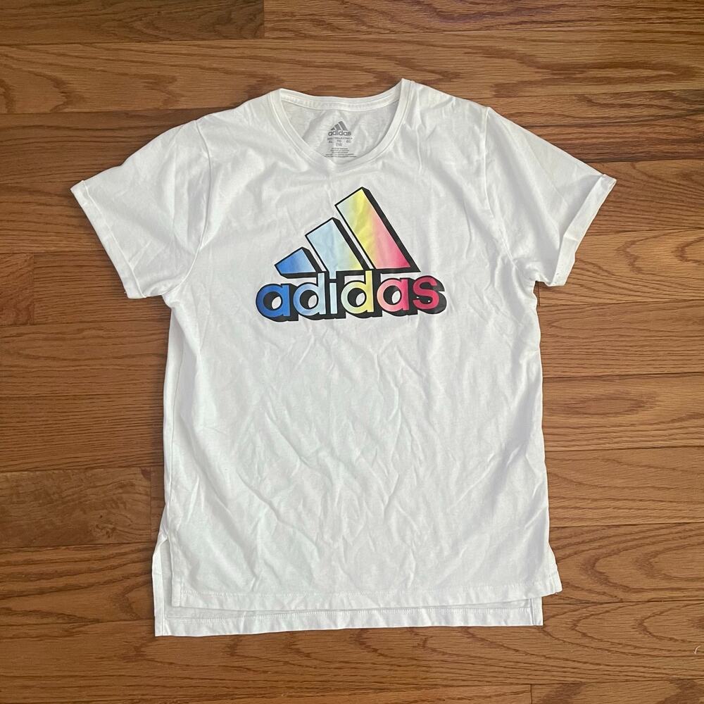Adidas Crewneck T Shirt White Rainbow Girls XL Performance Logo Sporty Casual